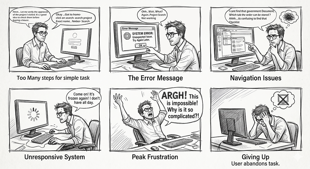 Diagram of common user frustrations reported by MahaRERA website users